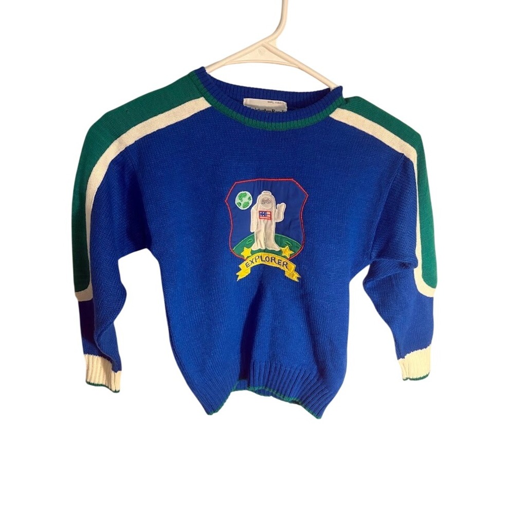 Christopher Rand Vintage Boys Explorer Astronaut Knit Sweater Blue Green Size M